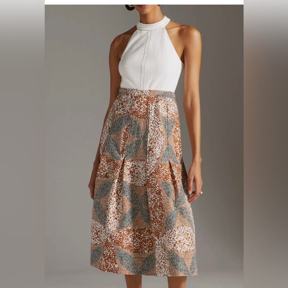 Anthropologie White Halter Top with Patterned Midi Skirt